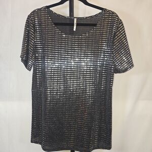 Plus Black and Silver Sequin Short Sleeve Blouse